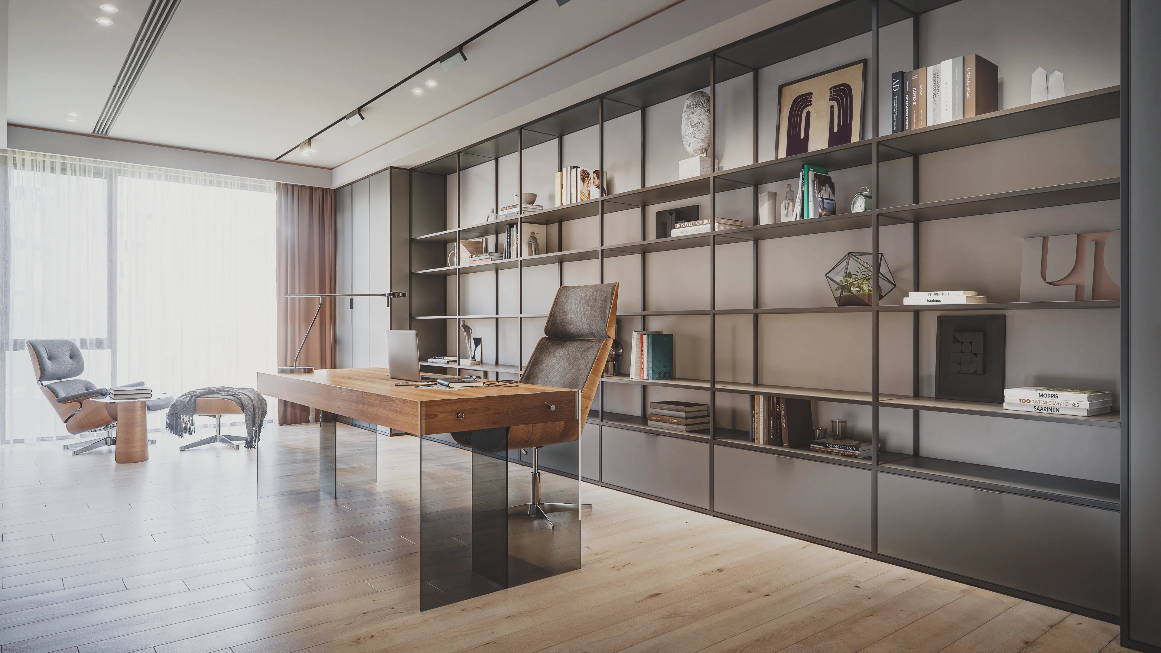 Ensemble bureau et bibliothèque sur mesure et évolutif en aluminium, aménagement intérieur design de haute qualité.