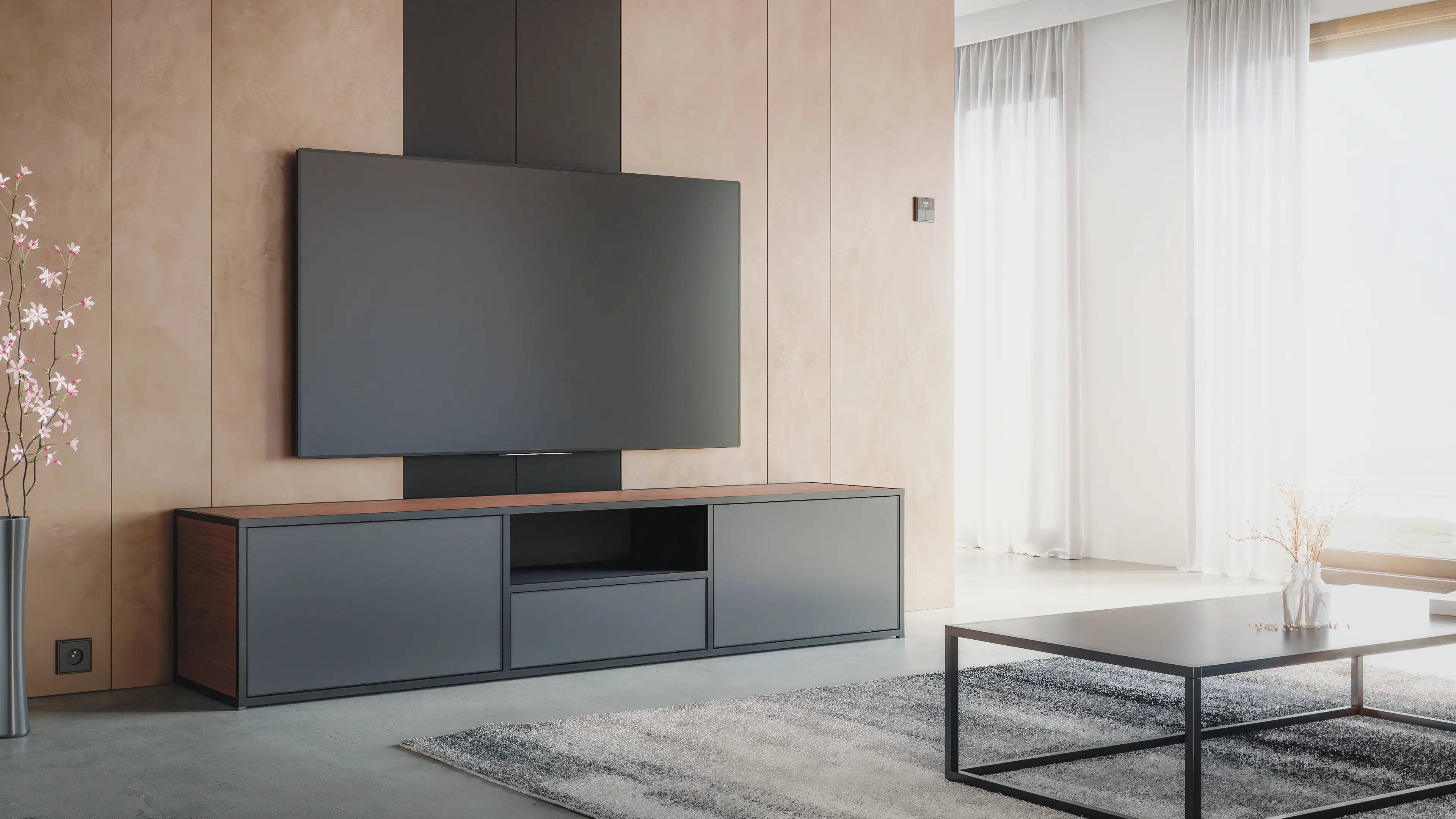 Meuble TV design sur mesure et évolutif en aluminium de haute qualité.
