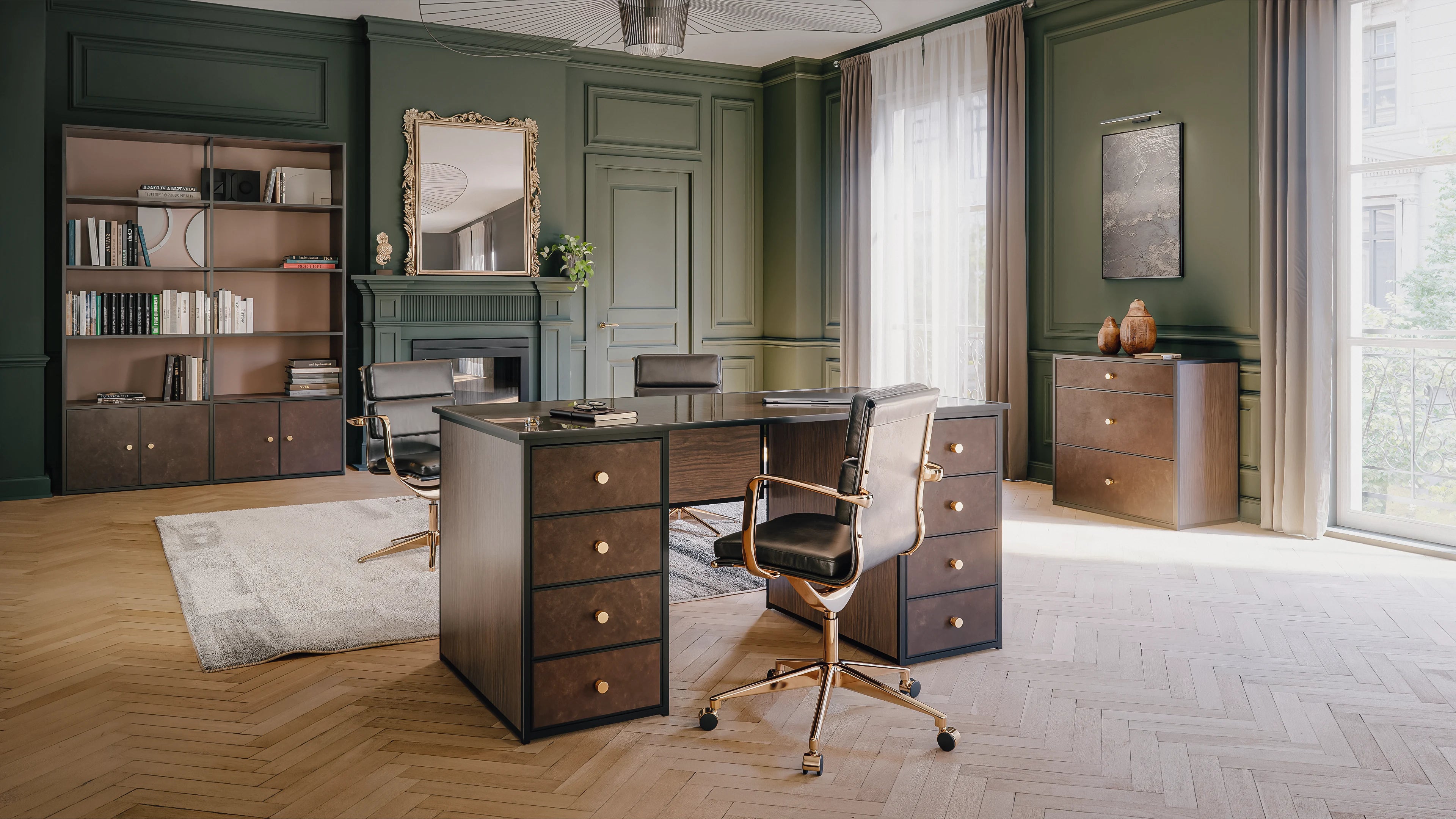 Ensemble bureau et bibliothèque sur mesure en chêne avec structure en aluminium, aménagement intérieur élégant de haute qualité.